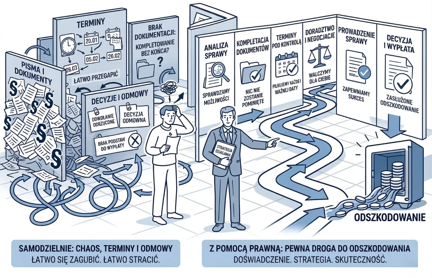 Sprawa odszkodowawcza to nie tylko zgłoszenie szkody - liczą się terminy, dokumenty, strategia i właściwe prowadzenie sprawy.