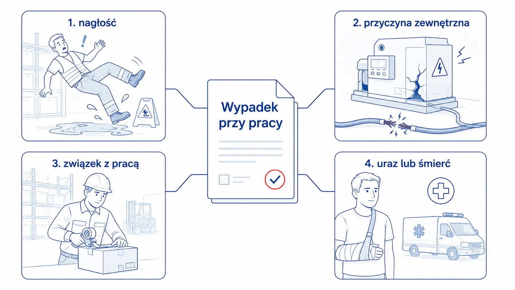 Cztery warunki uznania zdarzenia za wypadek przy pracy: nagłość, przyczyna zewnętrzna, związek z pracą oraz uraz lub śmierć