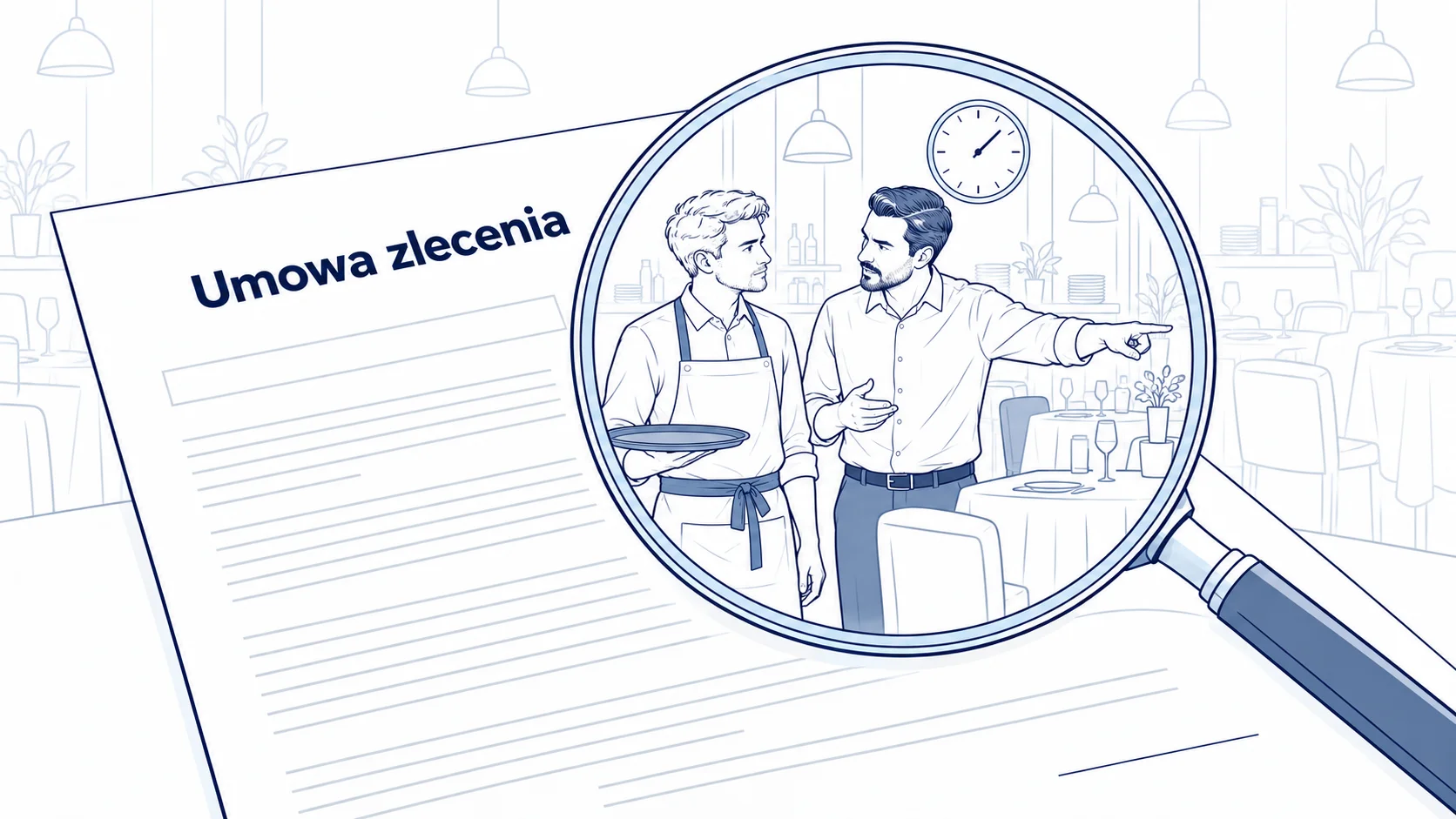 Umowa zlecenia pod lupą – kelner, zegar i manager symbolizujący rzeczywiste warunki pracy w restauracji.